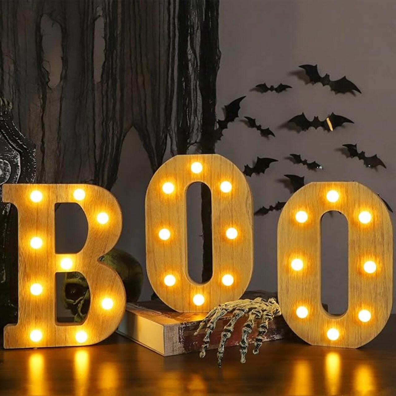 Halloween Decorations-3 LED Marquee Light Up Letters Wooden Boo Sign Halloween Letter Lights Wooden Decorations for Home Indoor Kitchen Fireplace Party Table Decor Supplies